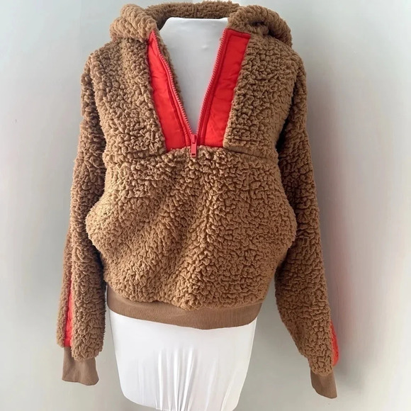 Express Tops - EXPRESS One Eleven Size Small Pullover Hooded Cropped Teddy Fleece Tan Orange